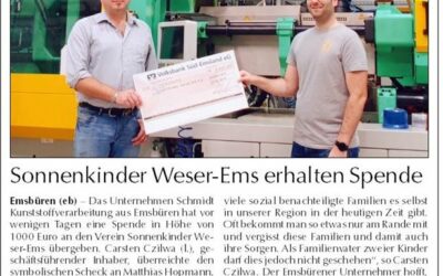 Spende über 1.000 Euro an Sonnenkinder Weser-Ems e.V. am 07.01.2021